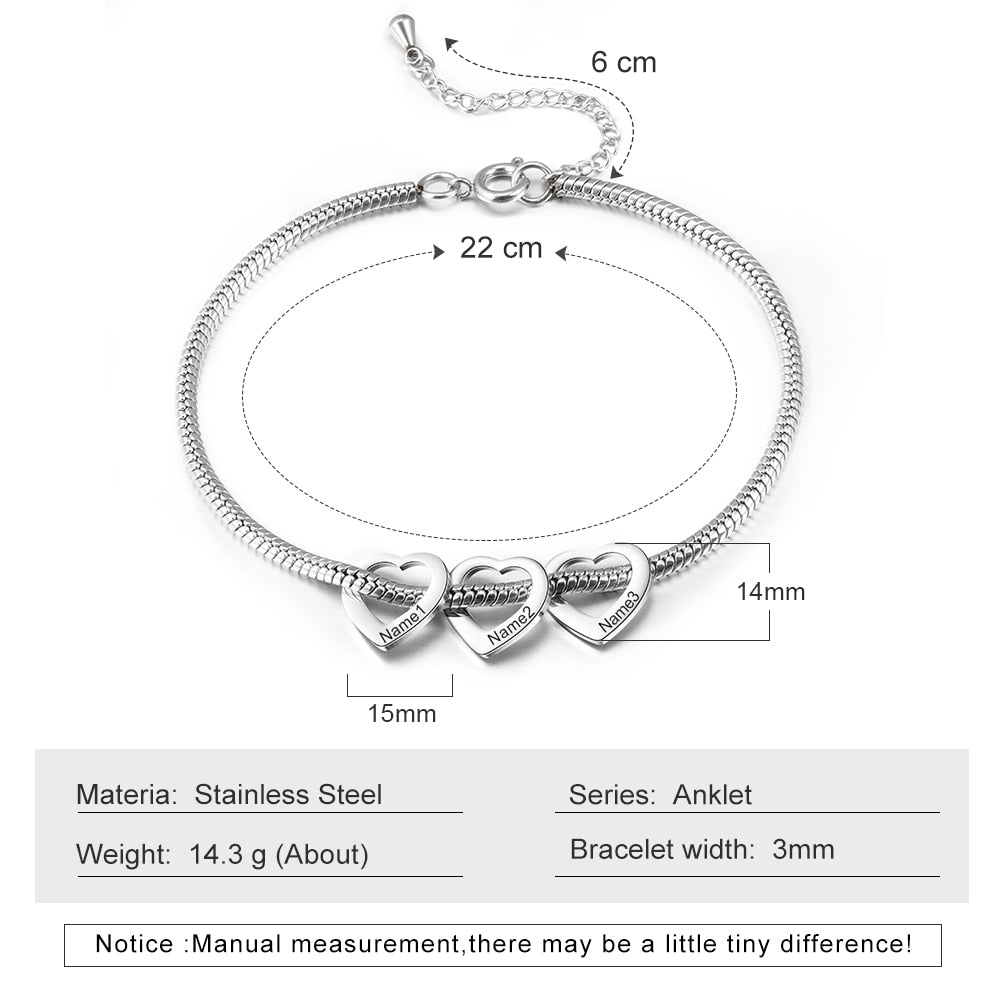 Personalized Stainless Steel Heart Beads Chain Bracelets for Women Custom Engraved Family Name Anklets Wedding Gifts