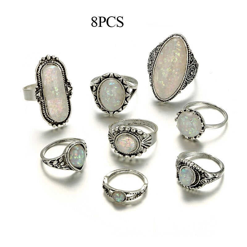 Tocona Vintage Antique Silver Color Rings Sets Colorful Opal Crystal Stone Carve for Women Men Bohemian Jewelry Anillos 6421