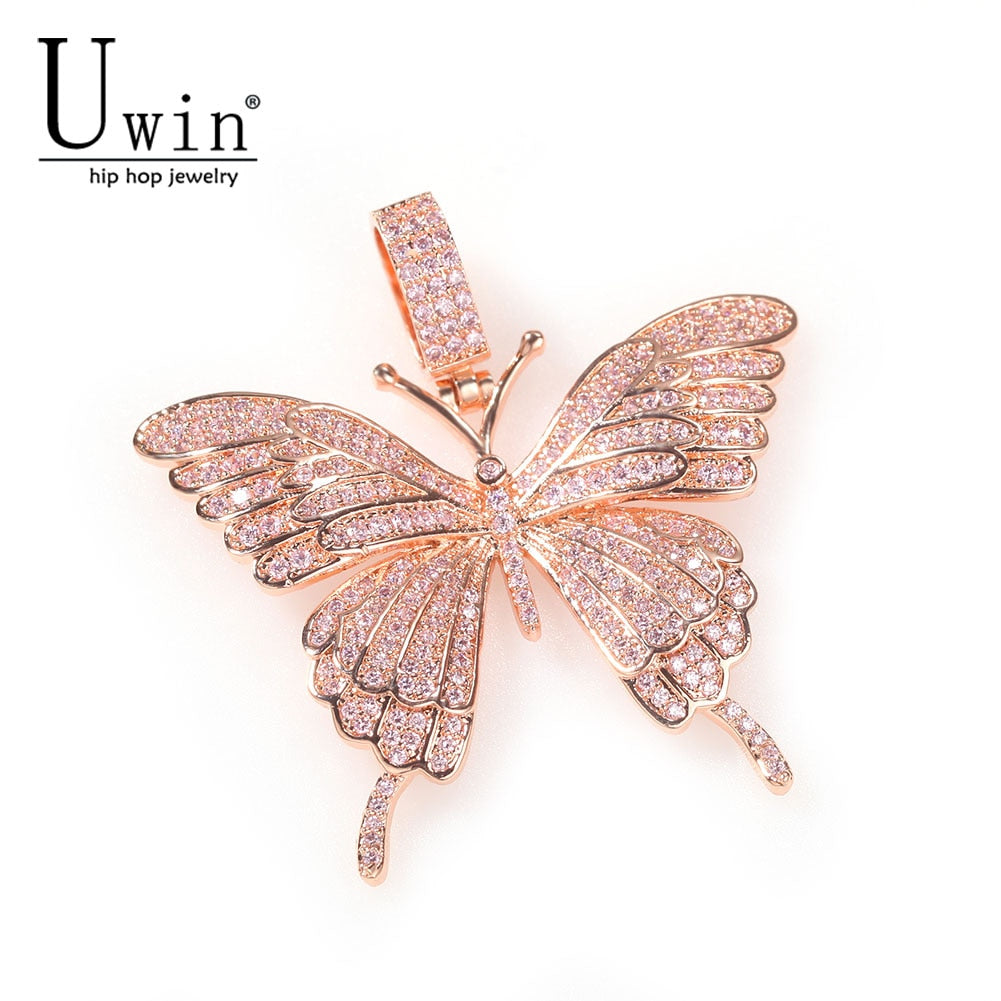 Uwin Iconic Butterfly Pendant 9mm Cuban Chain Cubic Charm Pink Tennis Chain Necklace Men Women Hip Hop Jewelry Gift