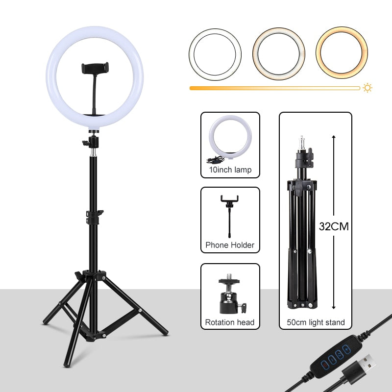 Dimmable Round Circle Light Selfie LED Round Lamps USB With Phone Holder 1.6M Tripod Stand For Tiktok Video Light Makeup Photography Set.