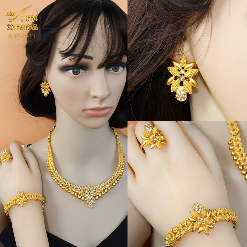 ANIID African Jewelry Set Big Necklace Dubai Ethiopian Gold Color Jewelery Earring Bracelet For Women Bridal Choker Wholesale