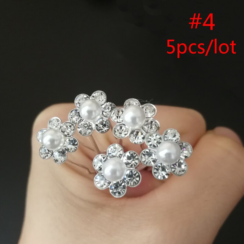 5PCS Acrylic Wedding Bridal Pearl Hair Pin White Flower Crystal Clip Bridesmaid Rhinestone Diamond Headwear Jewelry Accessories