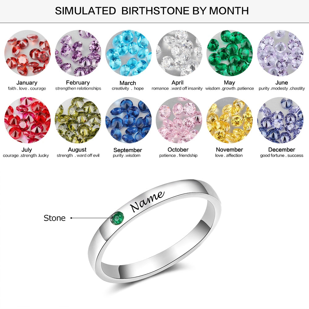 JewelOra Silver Color Personalized Name Ring with Birthstone Custom Engraved Rings for Women Fashion Jewelry Gifts for Mother