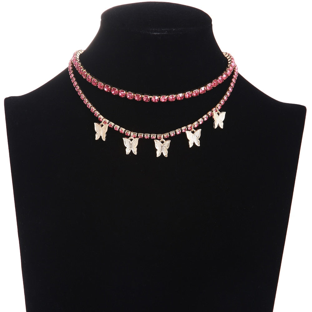 Rhinestone Butterfly necklace set wholesale charms crystal choker necklace for women Tennis Chain Trendy Luxury jewelry