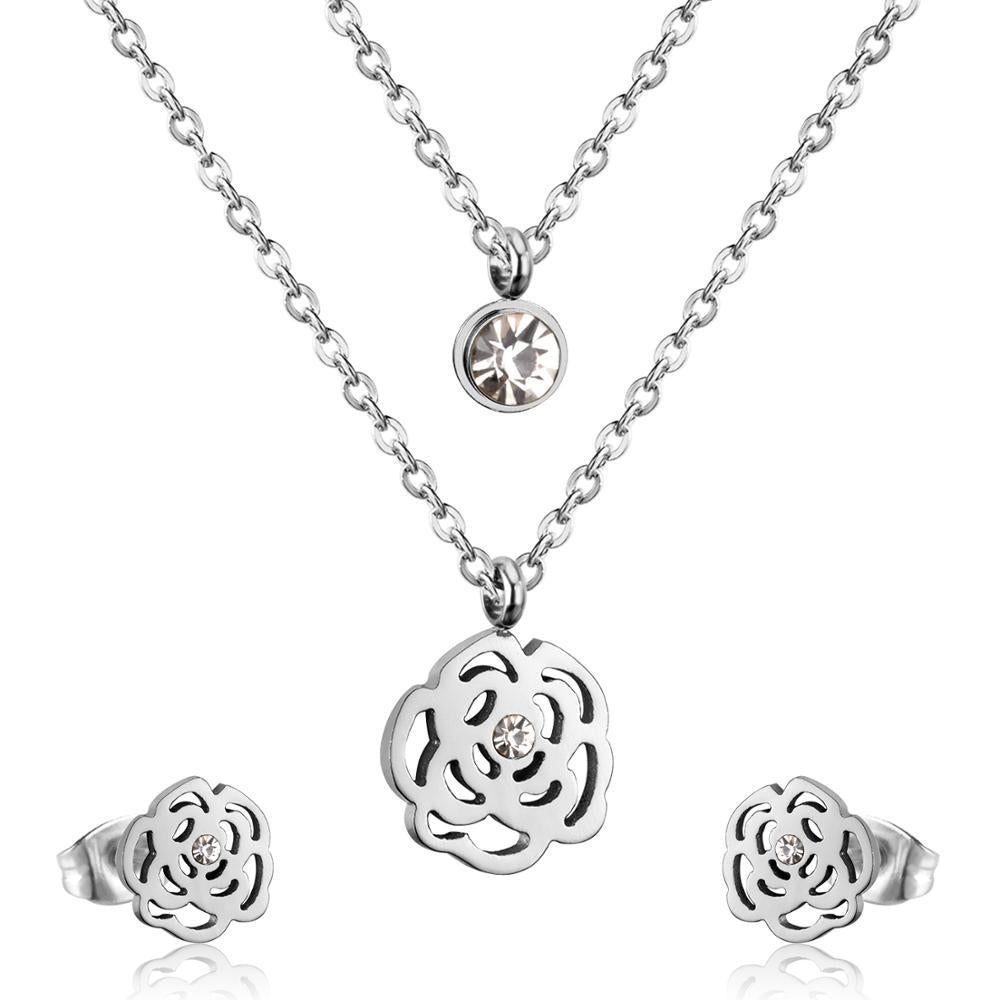 Stainless Steel Crystal Jewelry Set for Women and Girls: Luxury Double Round Pendant Necklace and Earrings.