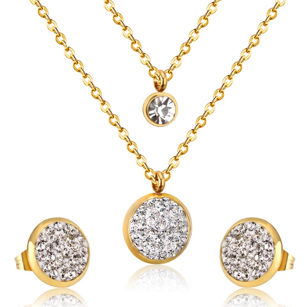 Stainless Steel Crystal Jewelry Set for Women and Girls: Luxury Double Round Pendant Necklace and Earrings.