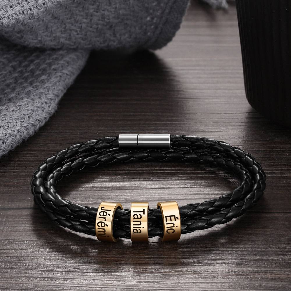 JewelOra Personalized Multilayer Leather Bracelets for Men Gold Color Customized Engraving Name Beads Charm Bracelet &amp; Bangles