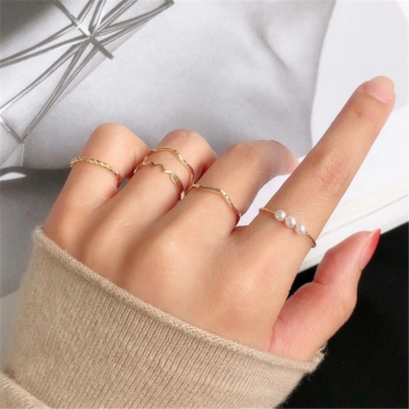 Women Twist Pearl Pearl Rings Set Fashion Geometric Hollow Crystal Ring For Women Heart Joint Rings Boho Jewelr Accessories