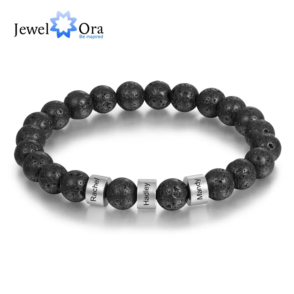 Personalized Stainless Steel Beaded Chain Name Engravd Bracelets for Men Customized Lava Tiger Eye Stone Bracelets Gifts for Him