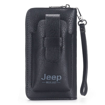 JEEP BULUO Leather Men Clutch Wallet Brand Purse For Phone Double Zipper Luxury Wallet Leather Clutch Bag Large Capacity 