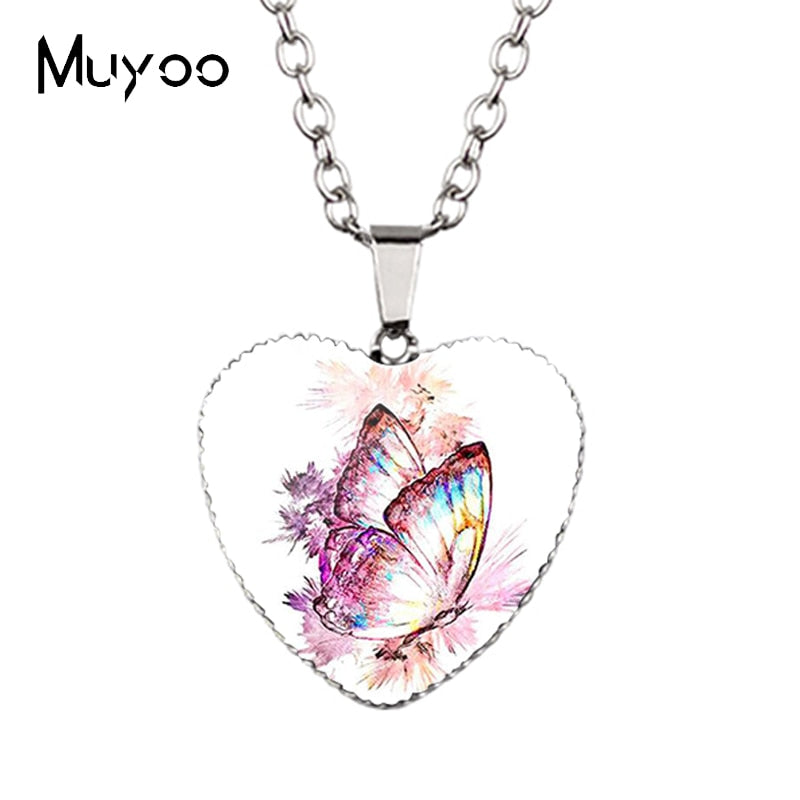 New Arrival Purple Blue Colorful Butterflies with Flower Heart Handcraft Jewelry Pendants Magical Butterfly Heart Necklace HZ3