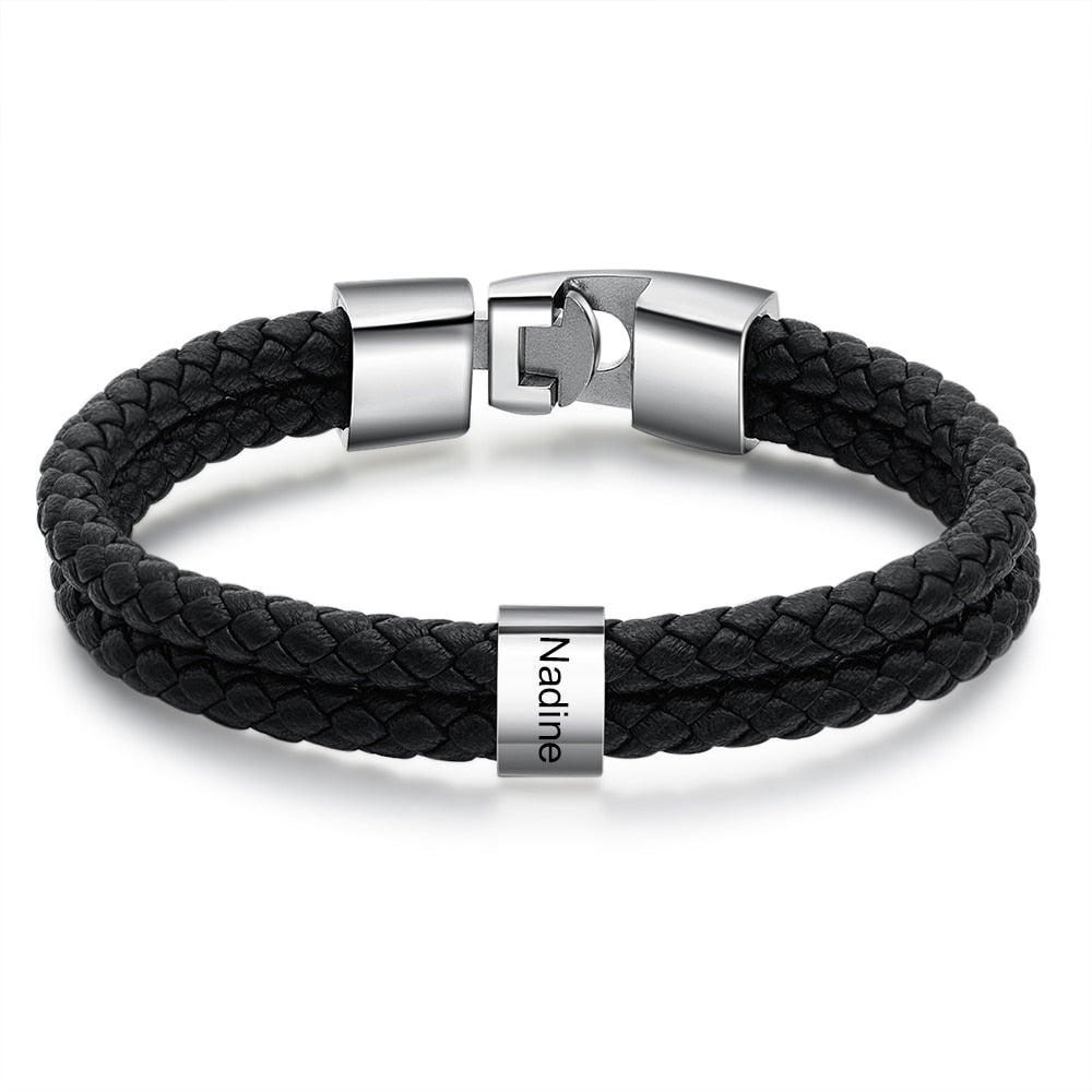 JewelOra Personalized Engraved Family Name Beads Bracelets Black Braided Leather Stainless Steel Bracelets for Men Fathers