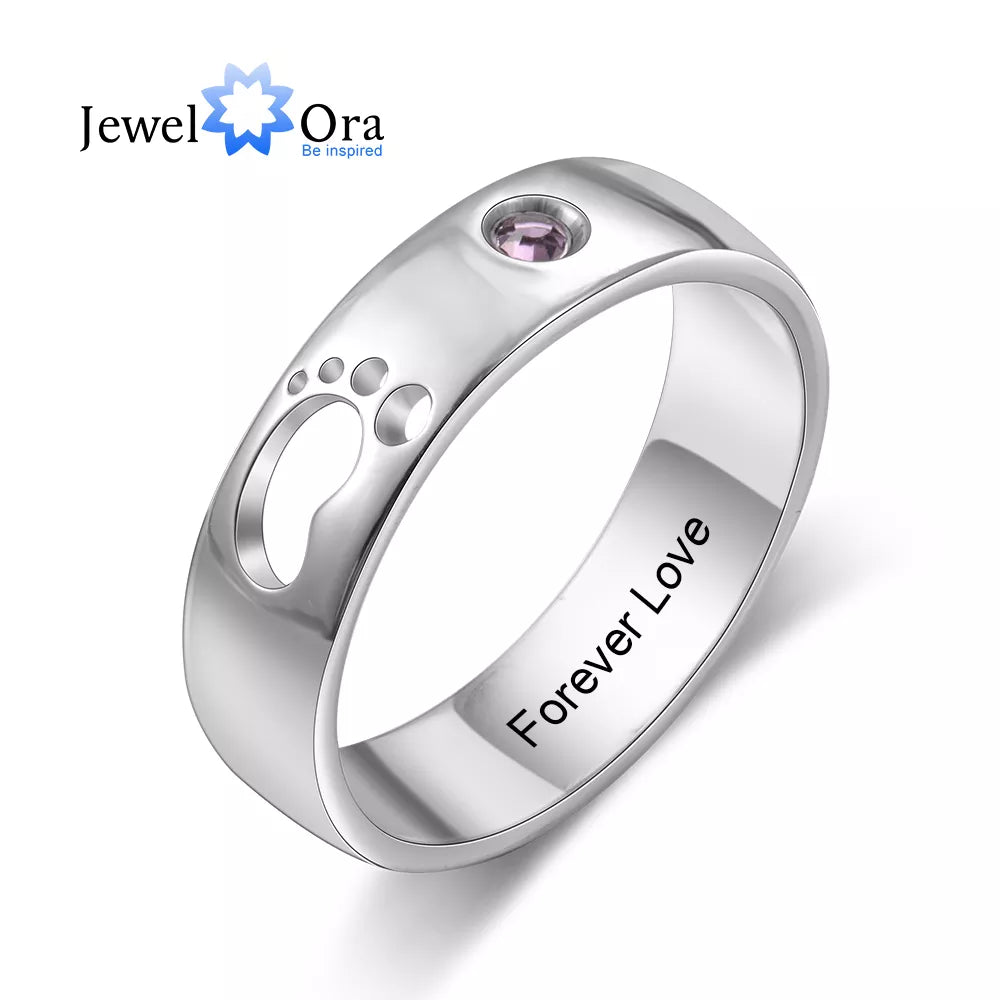 JewelOra Personalized Name Hollow Cute Baby Feet Ring with Birthstone Custom Inside Engraved Rings for Women Mother&#39;s Day Gifts