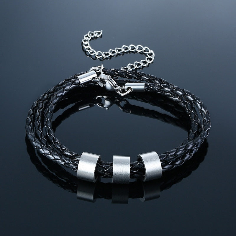VNOX-BL-573BS Customized Bracelet - Trendy Stainless Steel Link Chain with Leather - Perfect for Men