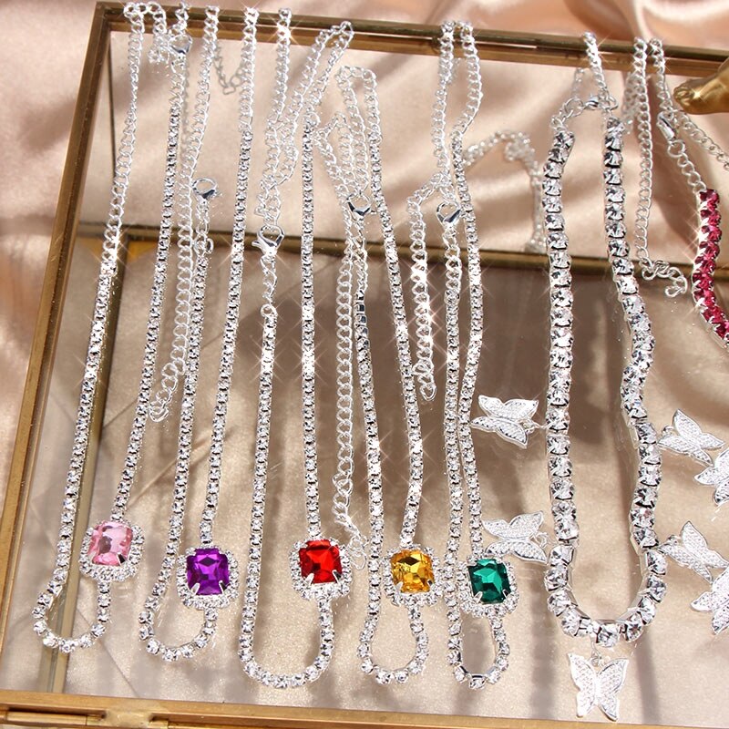 FLatfoosie Multicolor Square Rhinestone Pendant Necklace for Women Shiny Crystal Clavicle Chain Fashion Jewelry Party Gifts