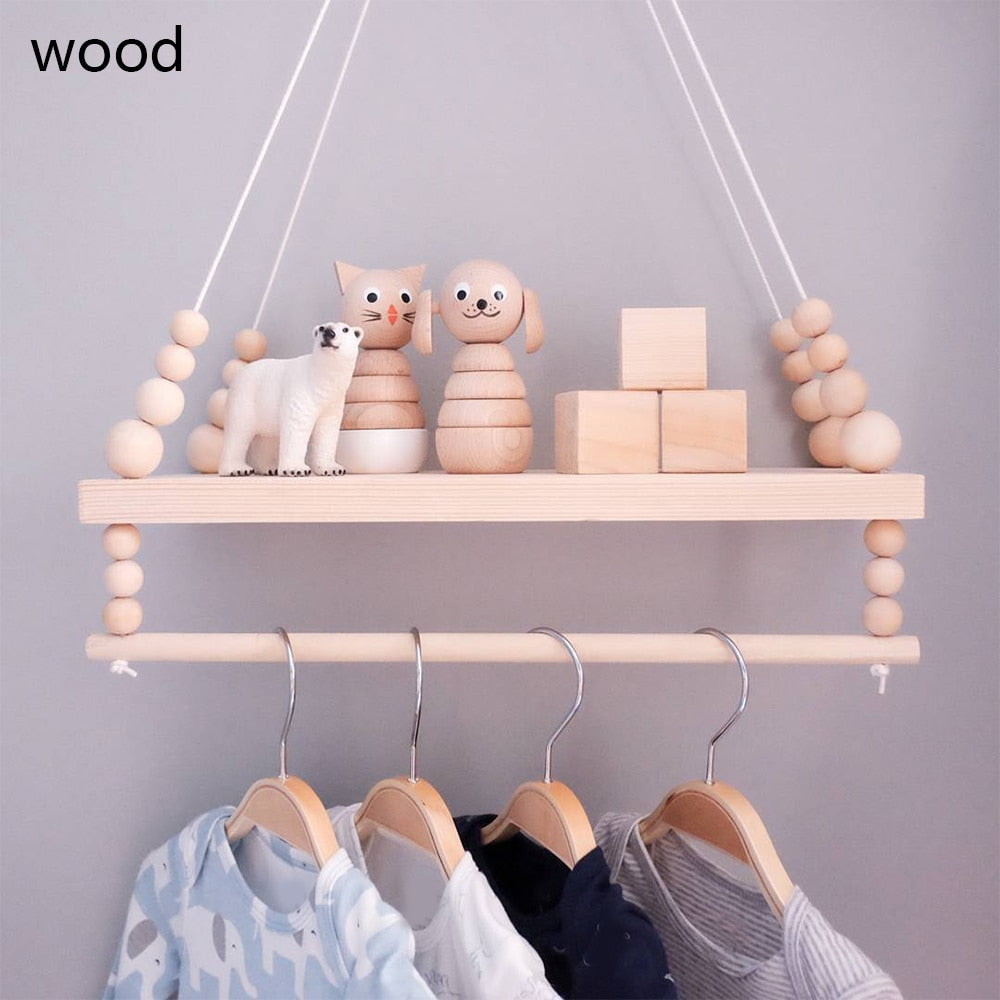 Handcrafted Shelf Kids Room Hanging Bead Shelf Nordic Style Nursery Decoration Wall Shelves Girls Clothes Storage Hanging Rack