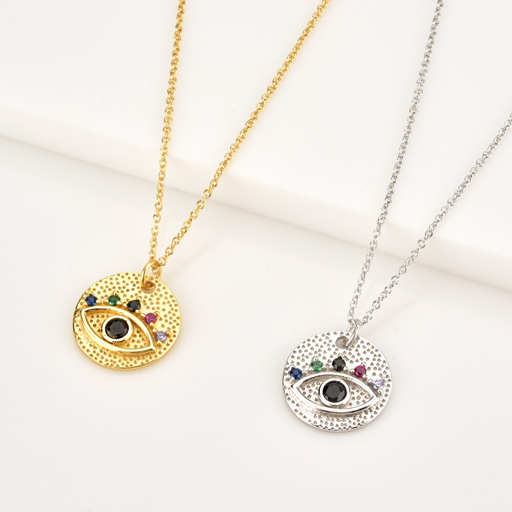 ANDYWEN New 925 Sterling Silver Gold Colorful Eye Coins Pendant Necklace Long Chain Lucky Eye Luxury Women Fashion Fine Jewels