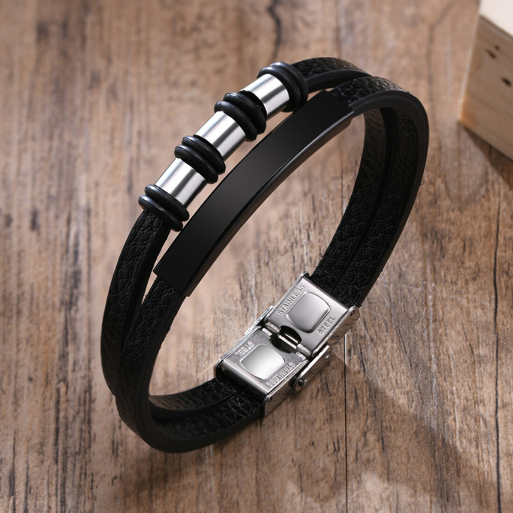 Vnox Customized Leather Bracelets for Men Black Beads Charm Bangle Layered PU Wristband Casual Male Jewelry Meaningful Xmas Gift