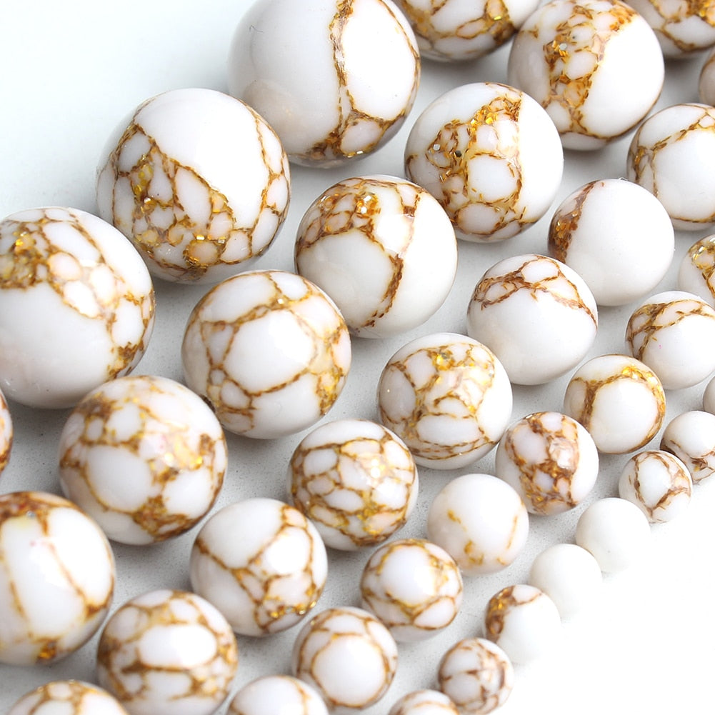 White Howlite Spun Gold plated Loose Stone Round Beads for Jewelry Making DIY Bracelet 15'' strand 4/6/8/10/12mm