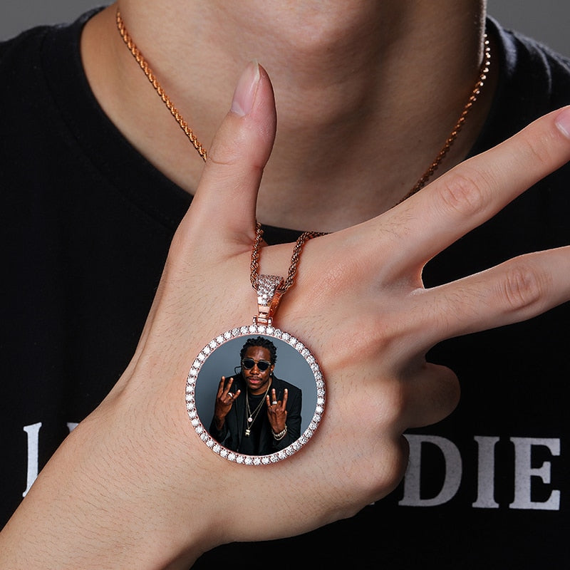 JINAO NEW Custom Ice out Large size Photo Round Necklace &amp; Pendant With 4mmTennis Chain AAA Cubic Zircon Hip hop Jewelry