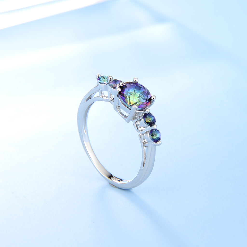 GEM&#39;S BALLET 925 Sterling Silver Ring Natural Mystic Topaz Three Stone Birthstone Wedding Band Rings For Women Fine Jewelry