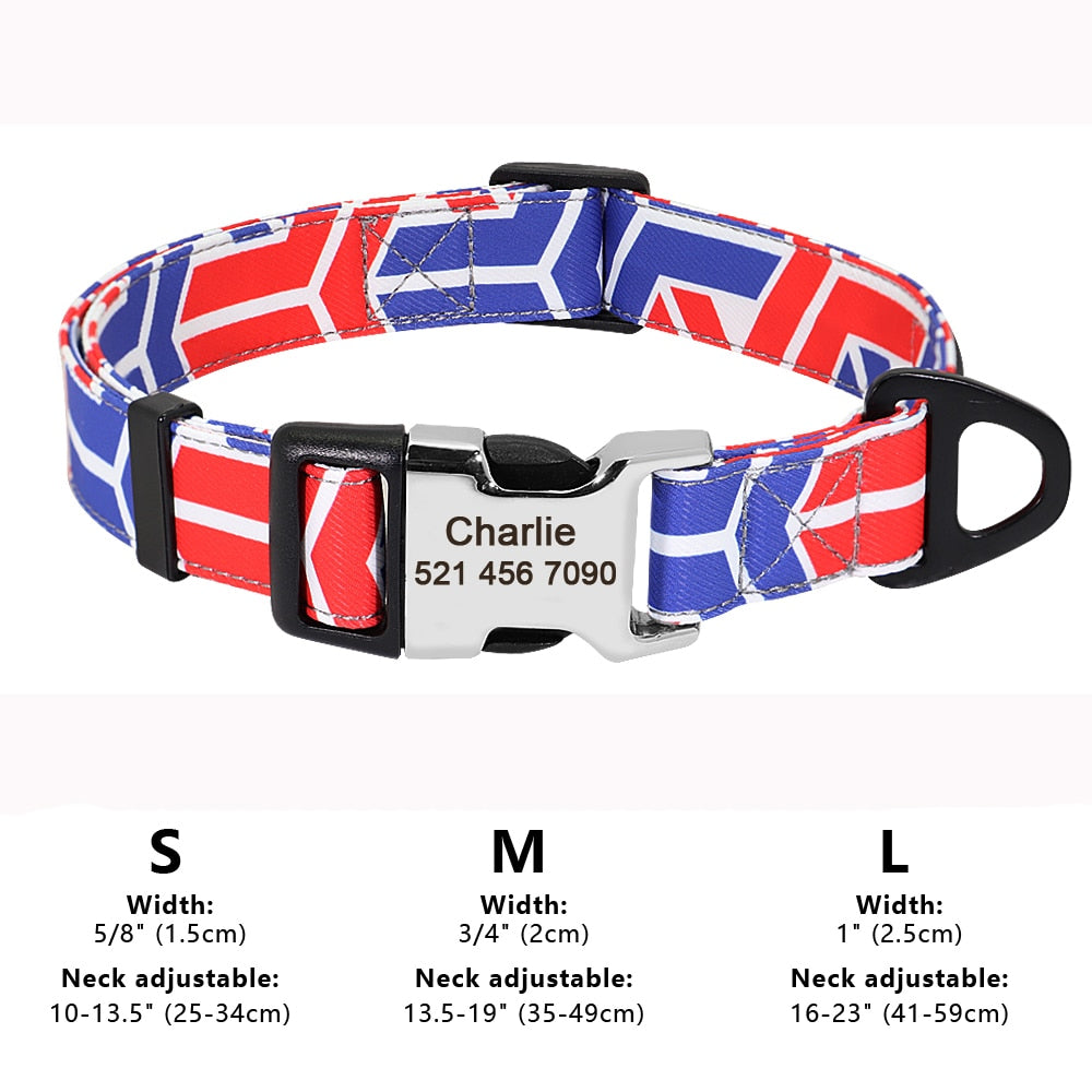 Personalized Dog Collar Nylon Print Dog Collars Customized Puppy Pet Collar Engraved Name ID for Small Medium Large Big Dogs Pug