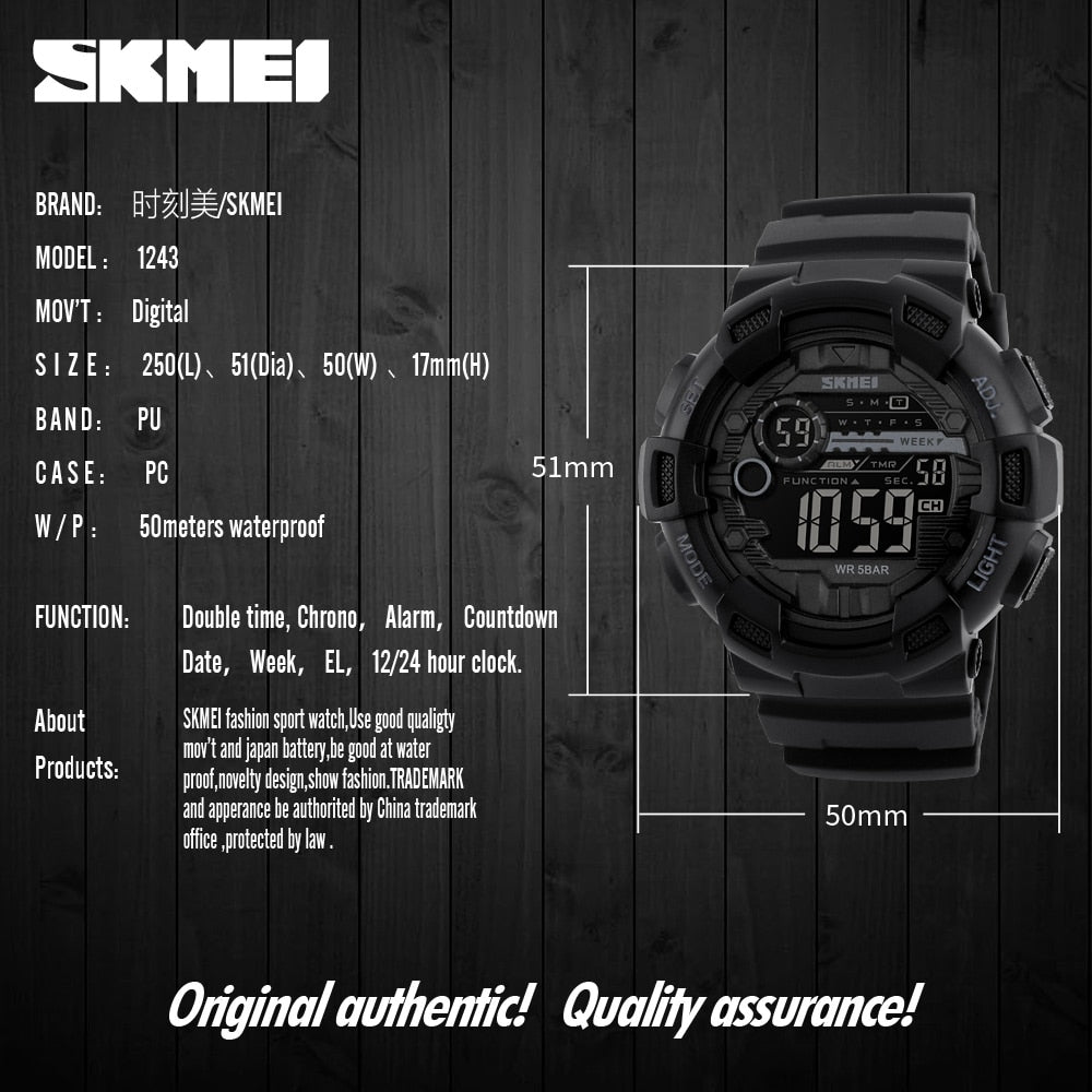 Outdoor Sport Watch Men Multifunction 5Bar Waterproof PU Strap LED Display Watches Chrono Digital Watch reloj hombre 1243