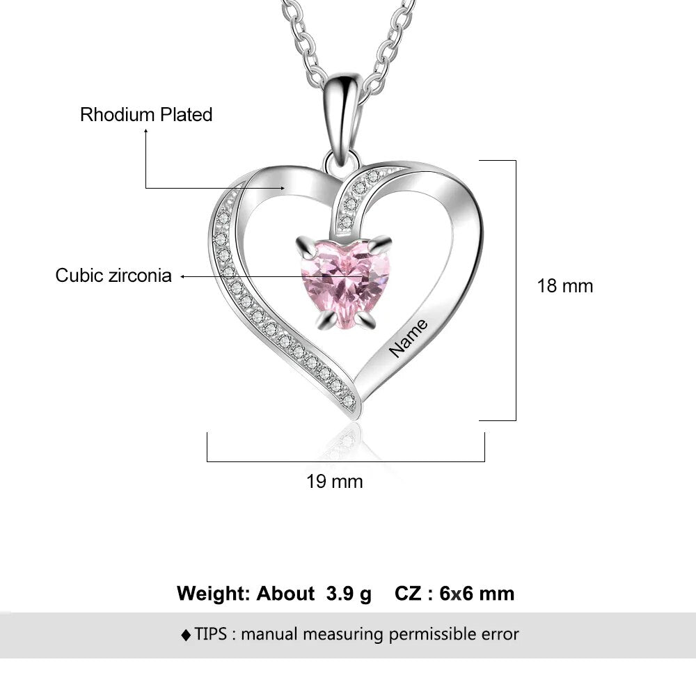 Personalized Engrave Name Heart Pendants with Zirconia Customize Birthstone Necklaces for Women Mother's Day Gift (NE103356)