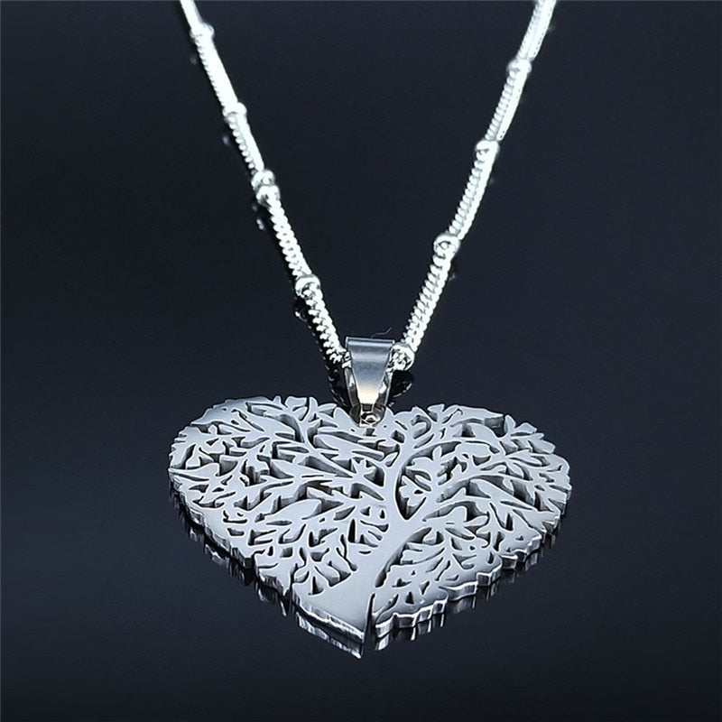 Fashion Heart Tree of Life Stainless Steel Statement Necklace for Women Silver Color Necklaces Jewelry collares  N4205S01