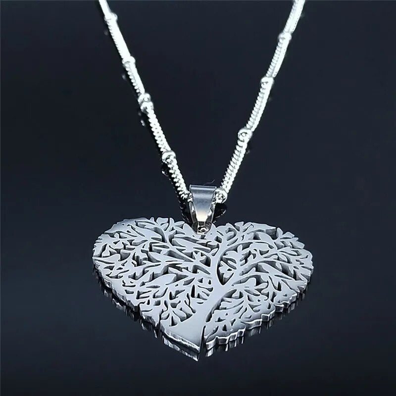 Fashion Heart Tree of Life Stainless Steel Statement Necklace for Women Silver Color Necklaces Jewelry collares  N4205S01