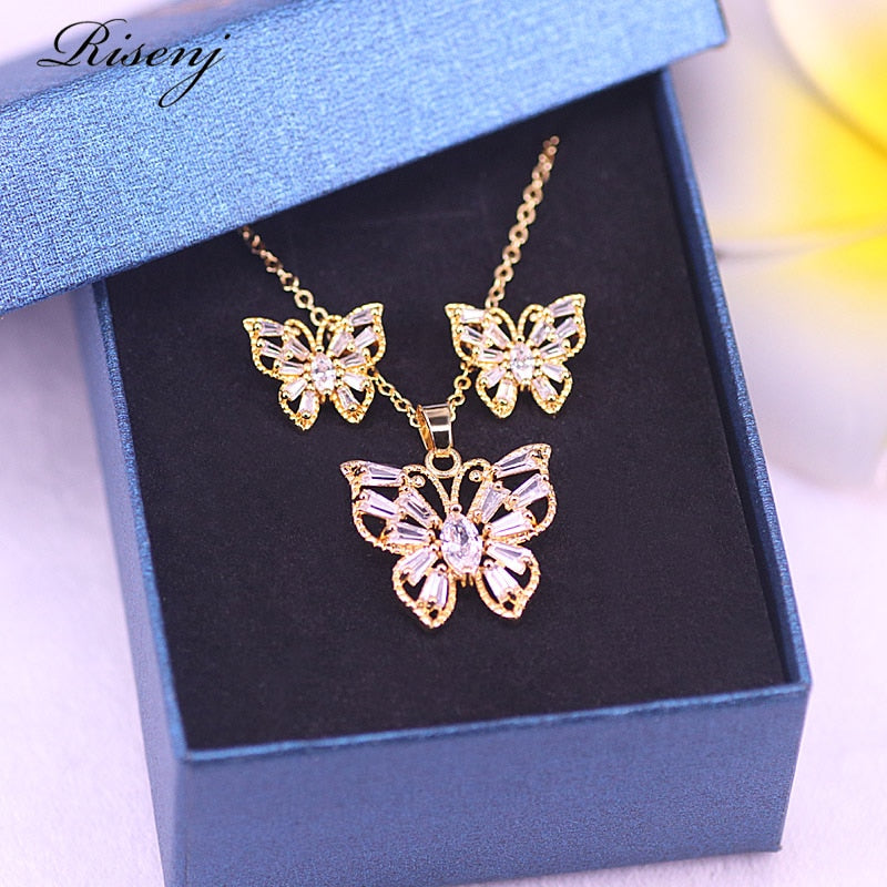 18K Gold Jewelry Set Butterfly Square With Mix Color/White AAA Zircon Jewelry Set  Stud Earrings Necklace Set