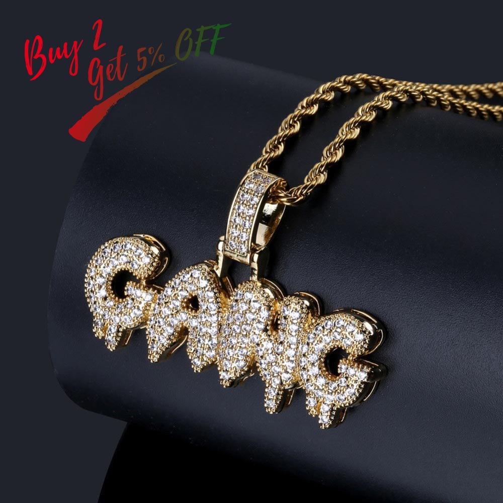 TOPGRILLZ Iced Out Cubic Zircon Bling Bubble Letters GANG Pendant Necklace Men Women Hip Hop Gold Silver Color CZ Necklace Gifts