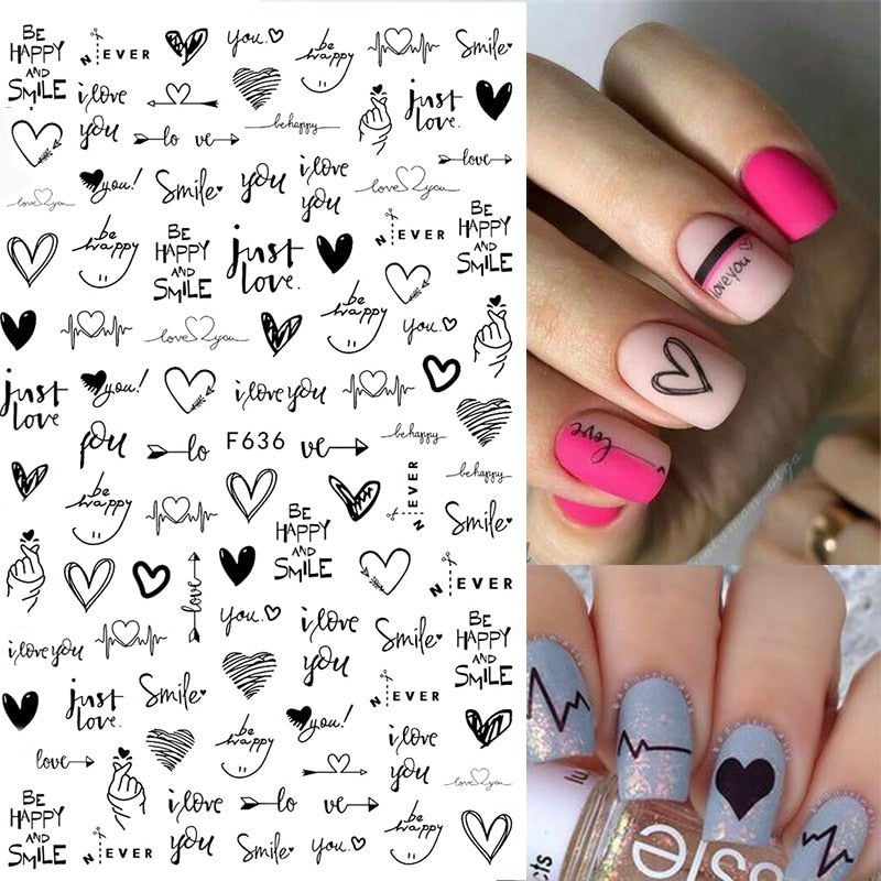 1PC Heart Love Design 3D Nail Sticker English Letter stickers Face Pattern Trasnfer Sliders Valentine&#39;s Day Nail Art Decoration