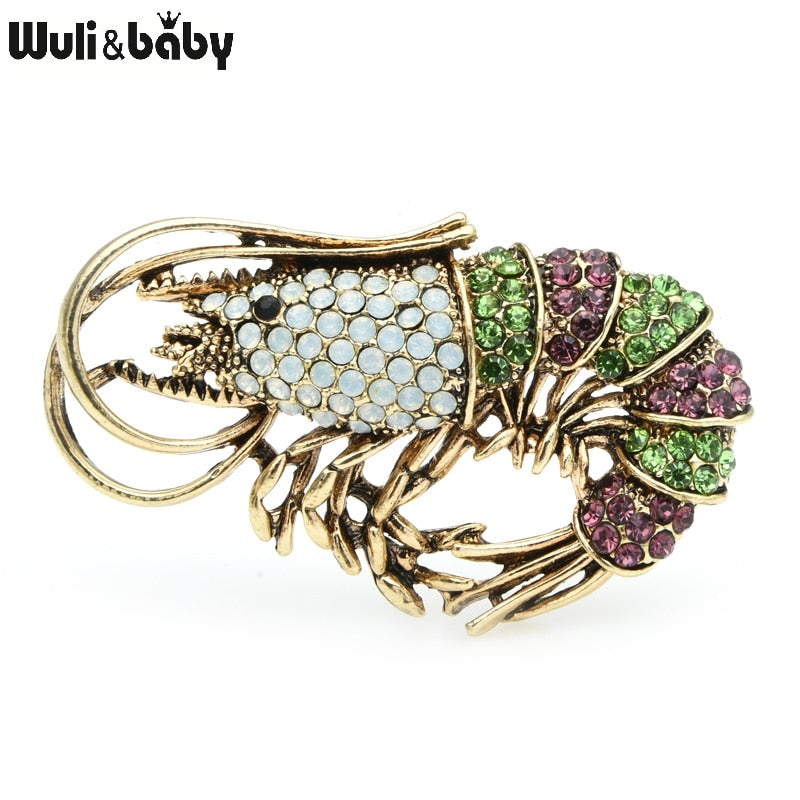 Wuli&amp;baby Vintage Rhinestone Shrimp Brooches Women Alloy Sparkling Animal Casual Party Brooch Pins Gifts