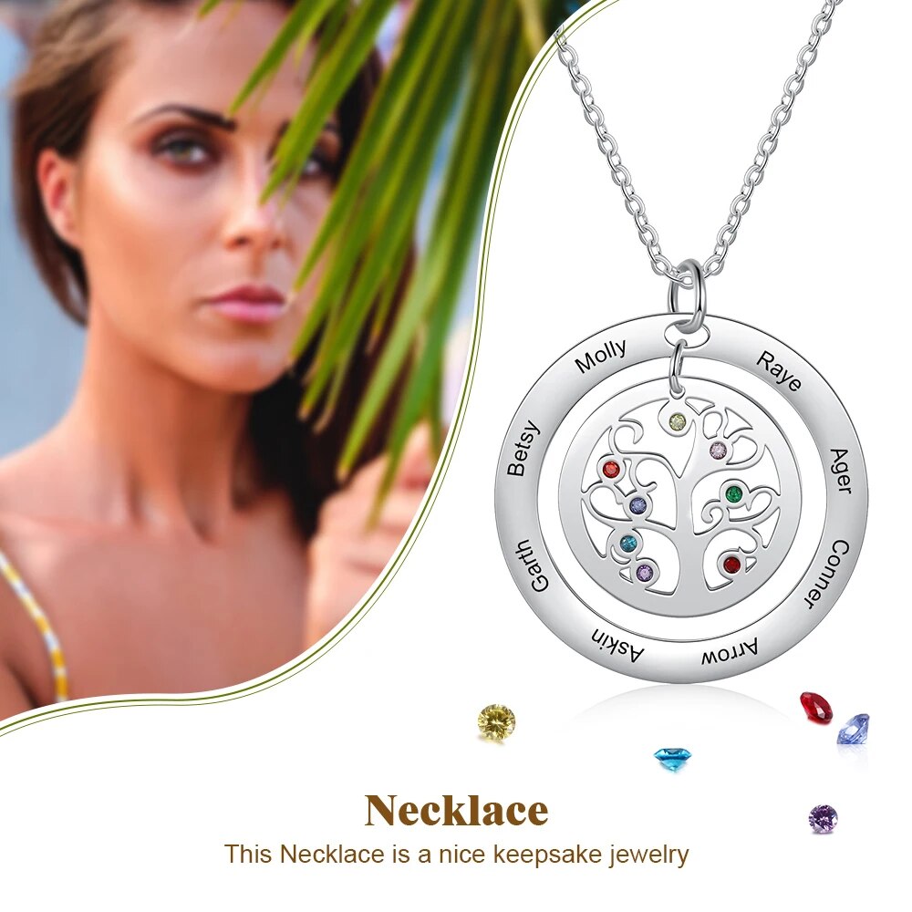 Personalized Family Tree Pendant Necklaces with 9 Birthstones Tree of Life Custom Name Necklaces Birthday Mother&#39;s Day Gifts