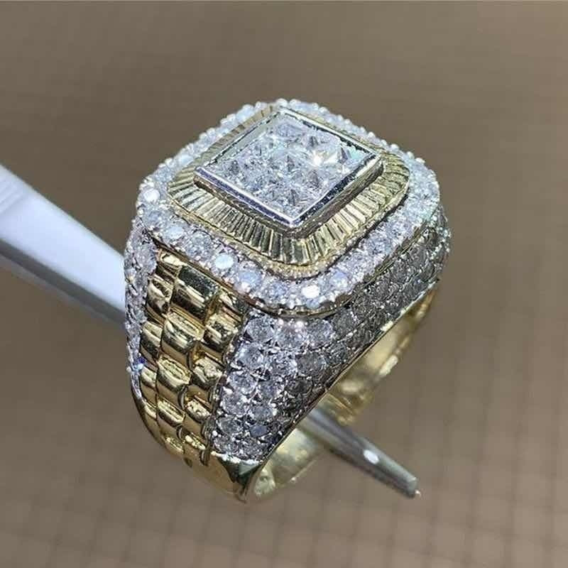 Luxurious Men's Gold Color Natural Birthstone Crystal Ring Anniversary Banquet Ring Luxury Wedding Band Jewelry