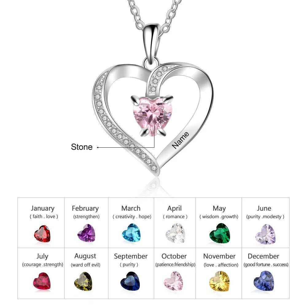 Personalized Engrave Name Heart Pendants with Zirconia Customize Birthstone Necklaces for Women Mother's Day Gift (NE103356)