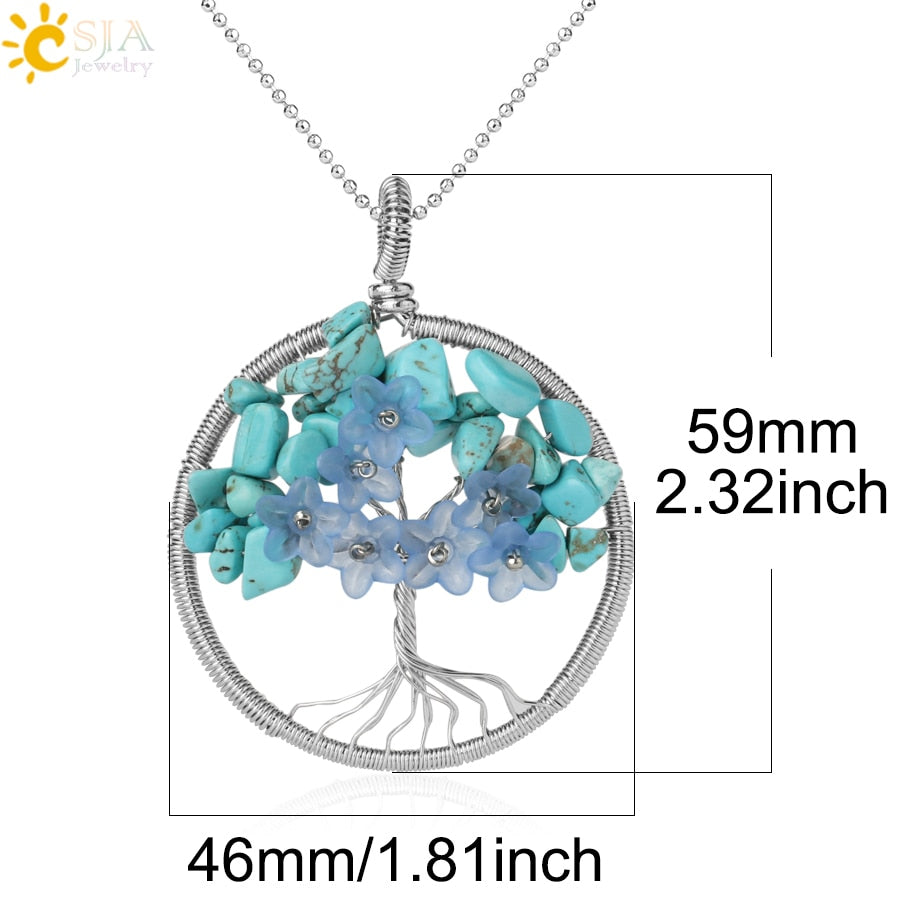 CSJA's Silver-Colored Tree of Life Pendant Necklace with Natural Stone - Wire-Wrapped Quartz Crystal Chip Bead Flower - Reiki Jewelry for Women - Model G306