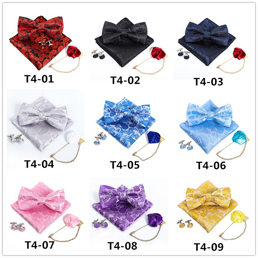 New Silk Flower Business Bowtie Men Vintage Purple Red Black Gold Royal Blue Wedding Bow Ties Pocket Square Handkerchief Set