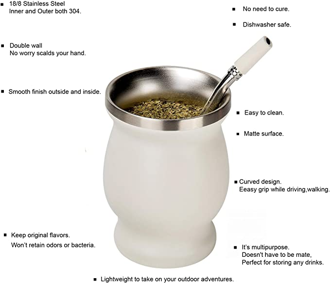 Yerba Mate Gourd Set Double-Wall Stainless Steel Mate Tea Cup and Bombilla Set Includes Yerba Mate Gourd (Cup) With One Bombilla