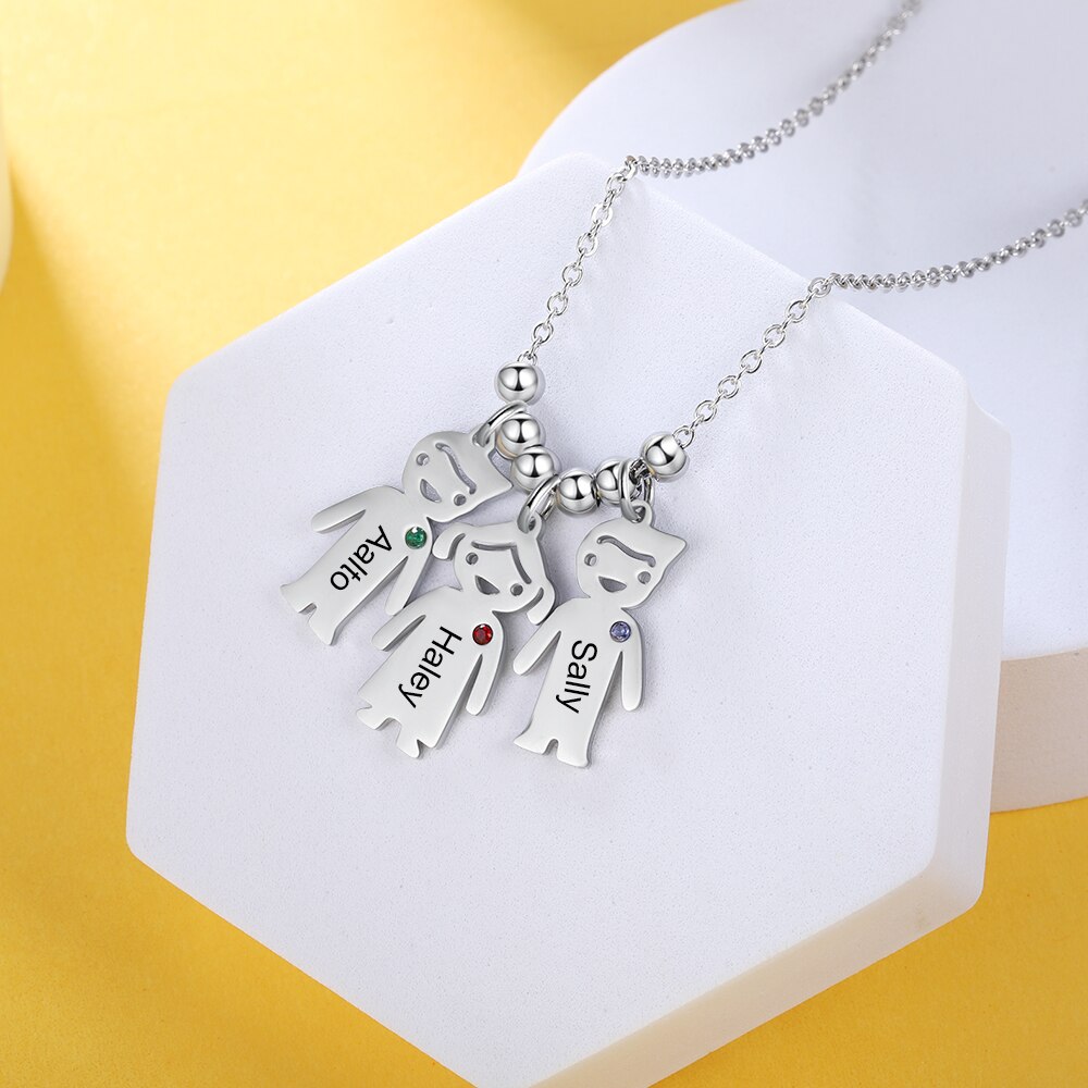 JewelOra Personalized Engraved Name Boy Girl Pendant Necklace Customized Birthstone Stainless Steel Mother Kids Jewelry Gift