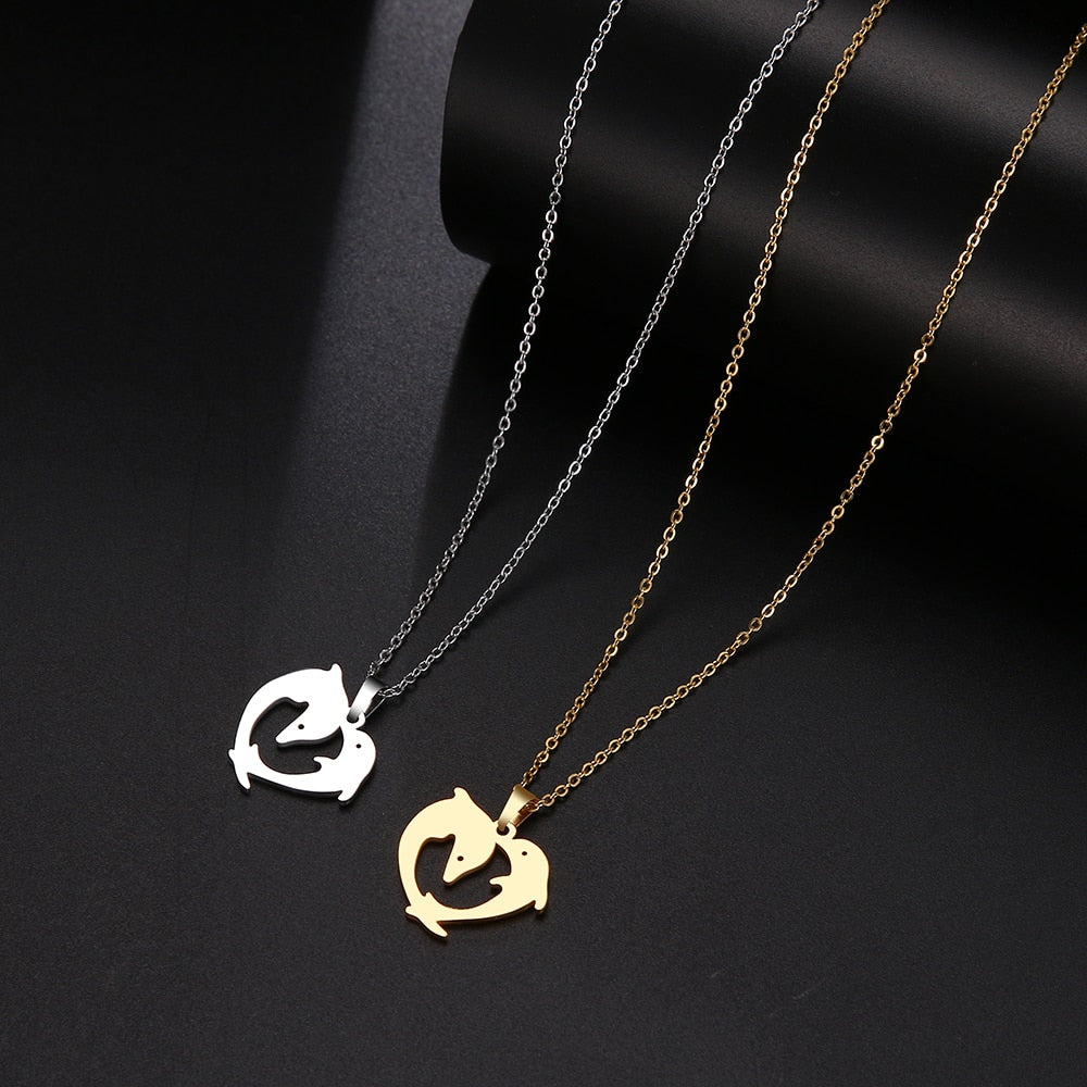 DOTIFI  Stainless Steel Necklace For Women Man Playful Couple Dolphin Pendant Necklace Engagement Jewelry