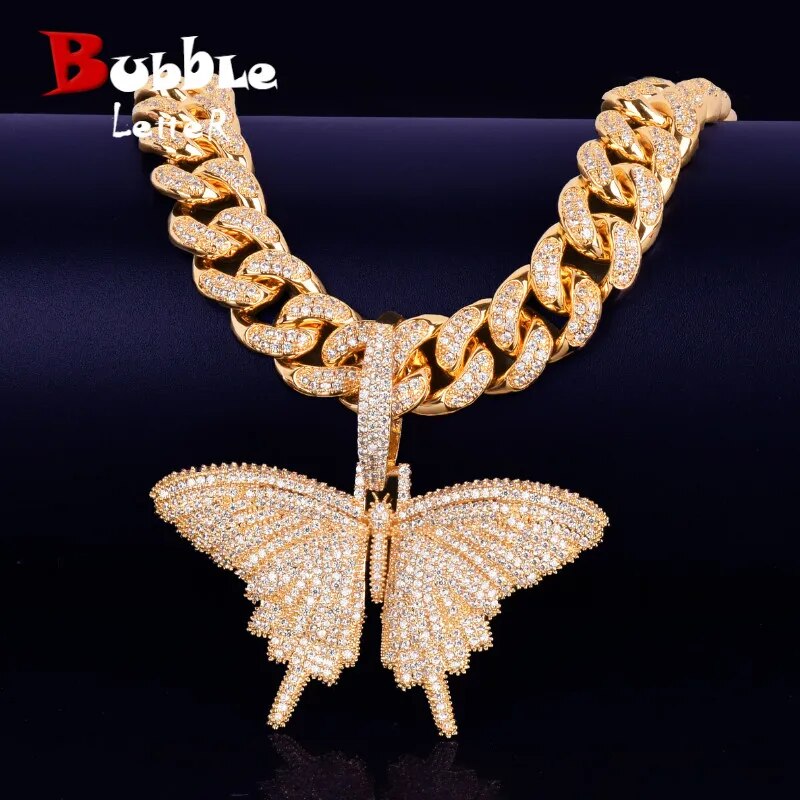 Butterfly Pendant Gold Color Plated Necklace Bling AAA Zircon Men&#39;s Hip Hop Jewelry