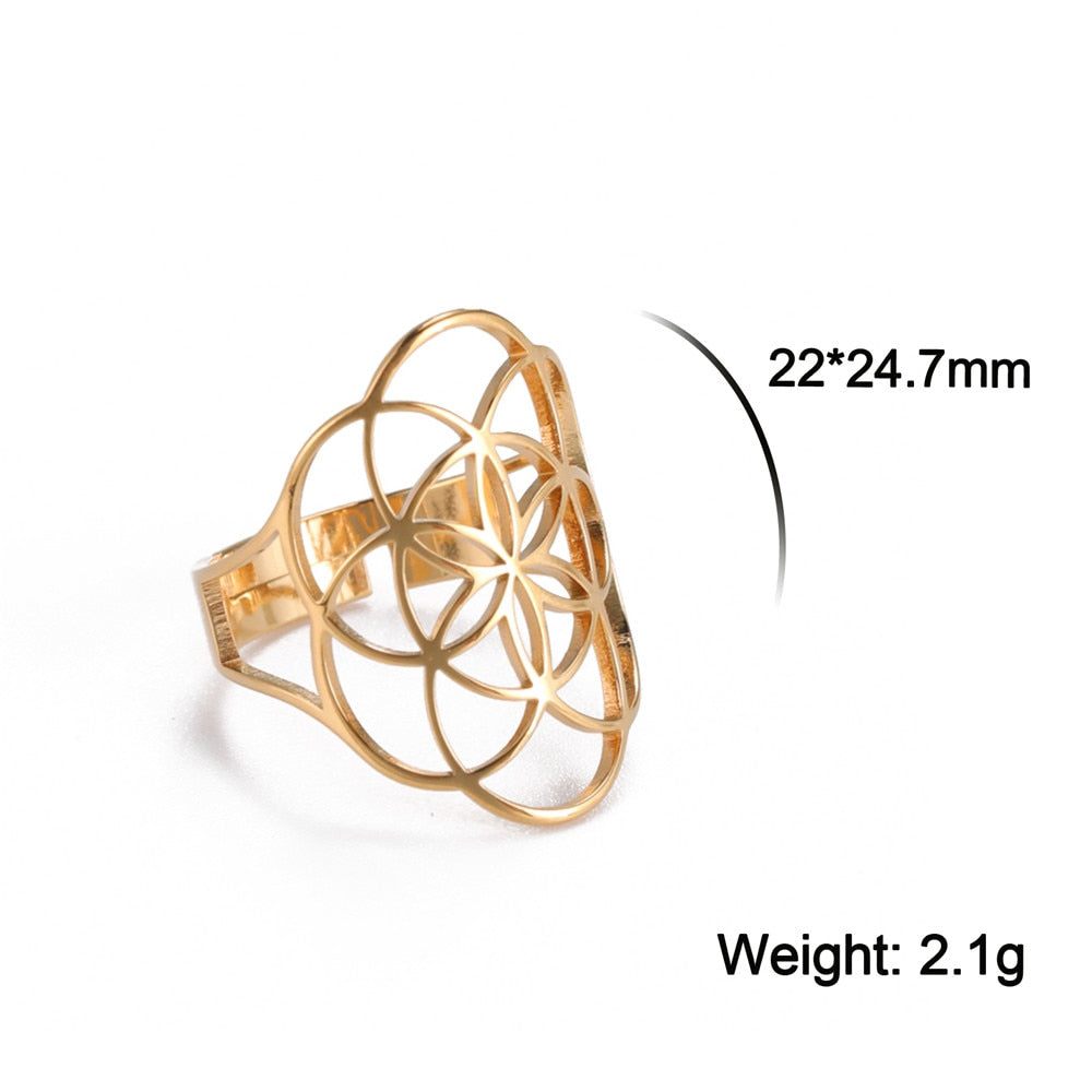 Skyrim Viking Flower of Life Ring Vintage Adjustable Stainless Steel Sacred Geometry Rings for Women Amulet Jewelry Wholesale