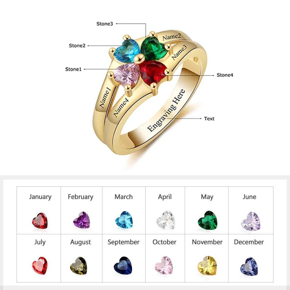 925 Sterling Silver Personalize Mothers Day Ring with 2-8 Birthstone Custom Kids Name Engagement Promise Rings for Women Grandma