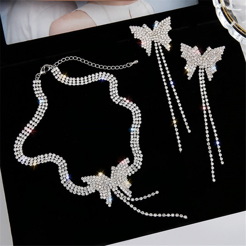 FYUAN Butterfly Crystal Choker Necklaces for Women Long Tassel Rhinestone Necklaces Weddings Jewelry Party Gifts