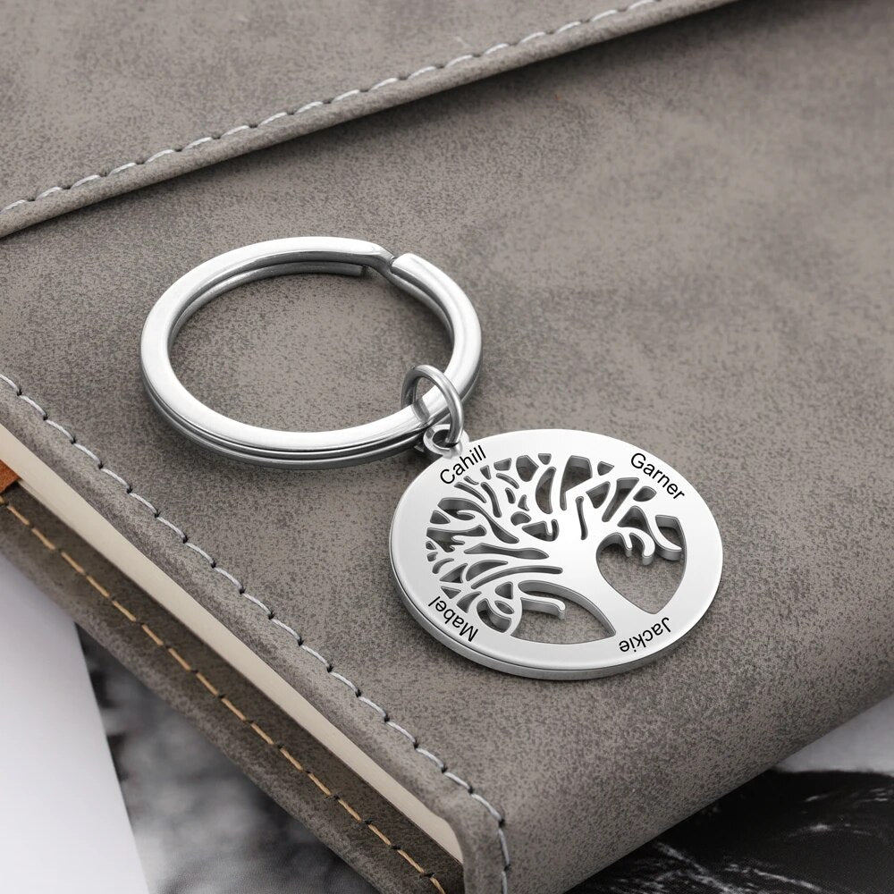 JewelOra Personalized Tree of Life Stainless Steel Keychains for Men Customize Family Names Engraved Key Chain Birthday Gifts