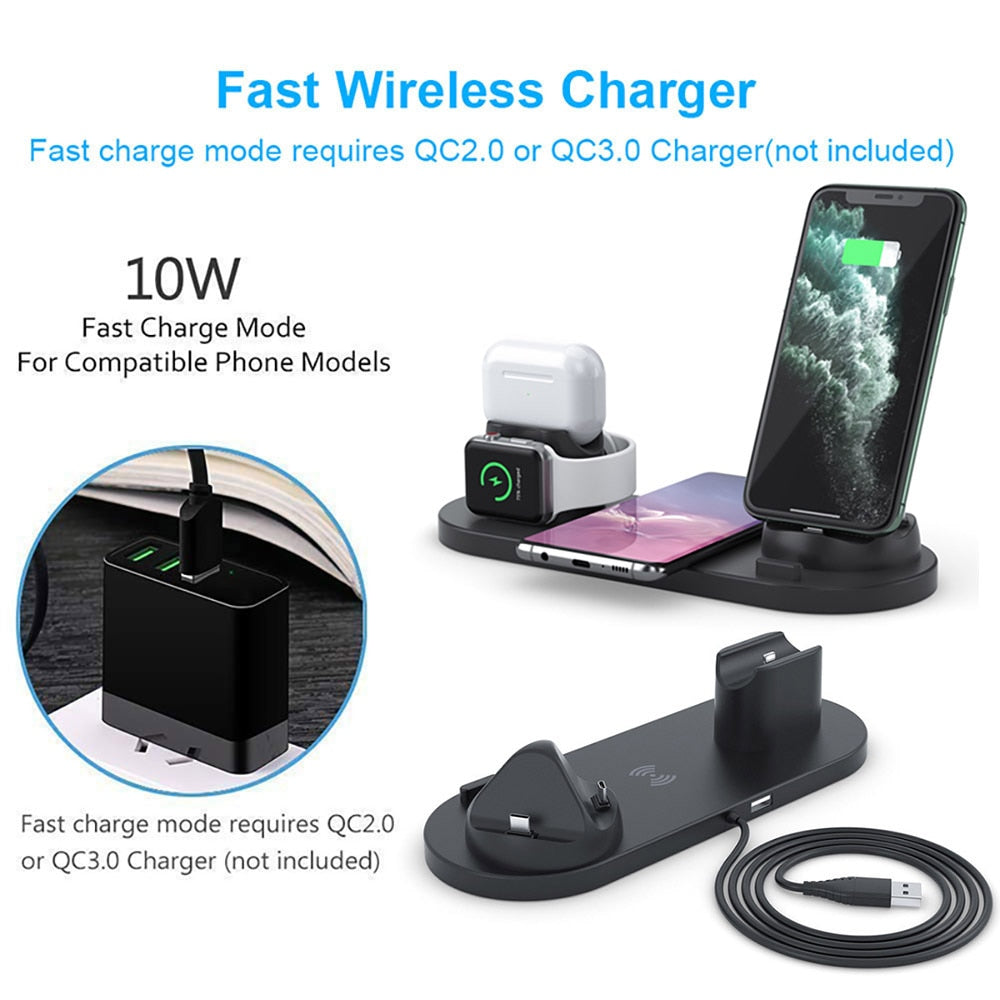 DCAE 6 in 1 Wireless Charger Dock Station for iPhone/Android/Type-C USB Phones 10W Fast Charging For Apple Watch 8 AirPods 3 Pro