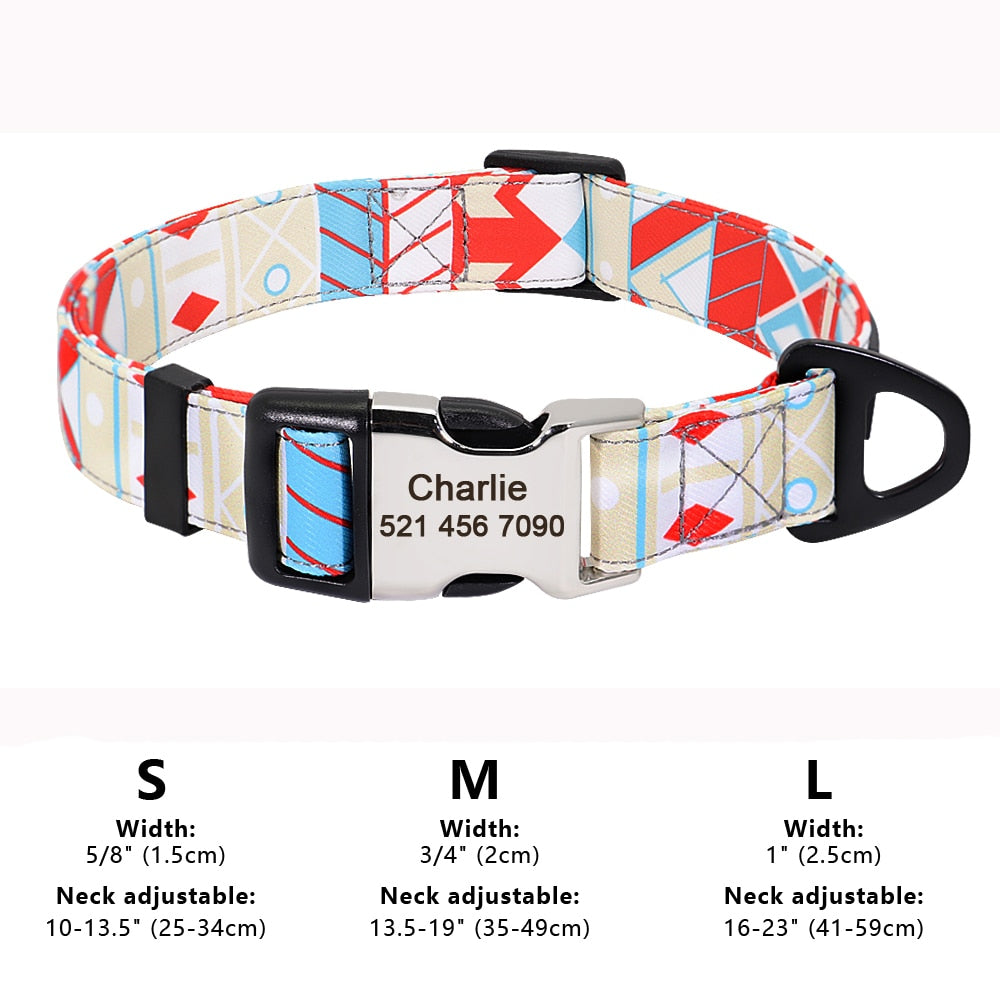 Personalized Dog Collar Nylon Print Dog Collars Customized Puppy Pet Collar Engraved Name ID for Small Medium Large Big Dogs Pug