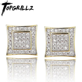 TOPGRILLZ Hip Hop Gold Silver Color Earrings Men Iced Cubic Zircon Micro Pave CZ Square Shape Stud Earrings For Women Jewelry